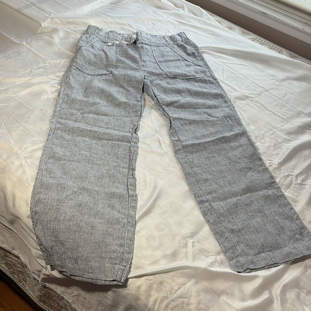 ATHLETA STRIPE BALI Women’s Trouser in Grey Heather/White 100% lLinen Size 14